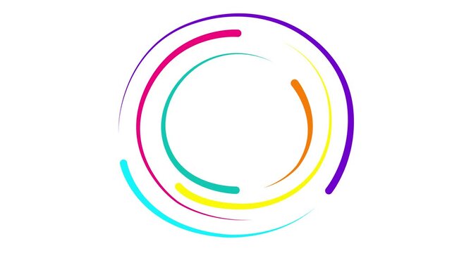 Animated colorful decorative lines is drawn. Linear multicolor circle frame with copy space. Fluid effect. Drop of liquid moving. Looped video. Vector illustration isolated on white background.