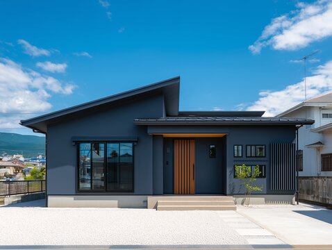 青空の下に建つ片流れ屋根がおしゃれなネイビーの外壁の平屋住宅一戸建ての外観写真