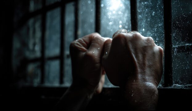 Hands gripping bars in a dark, wet, atmospheric prison setting