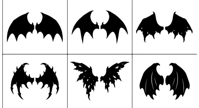 Set of 6 Black Silhouette Demon Wings, Gothic Bat Wings, Fantasy Angel Wings Vector Icons for Halloween and Dark Themed Designs