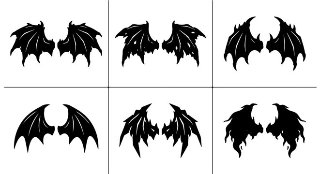 Gothic Bat Wings Vector Set, Dark Fantasy Devil Wings Graphics, Spooky Halloween Creature Accents, Black Silhouette Icon Collection for Design