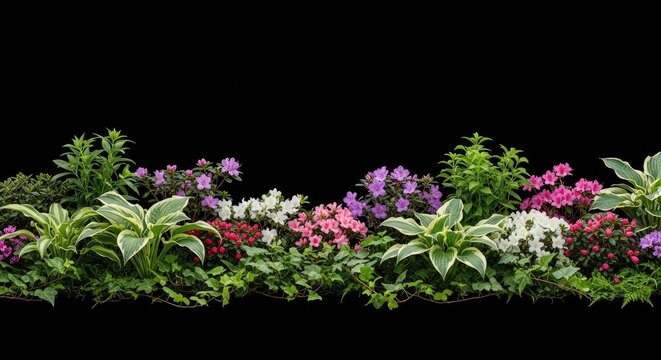 Horizontal flower border with azaleas and hostas on black background