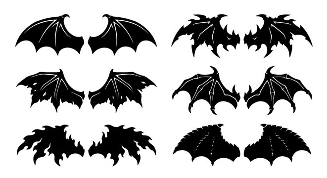 Dark Bat Wings Vector Icons, Gothic Angel Wings Set, Fantasy Creature Emblems, Silhouette Devil Wings Graphics, Spooky Halloween Decorations