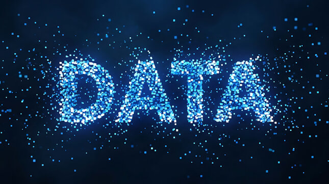 Futuristic digital background featuring the word data composed of glowing blue pixels and particles for technology and information concepts. 3d illustration