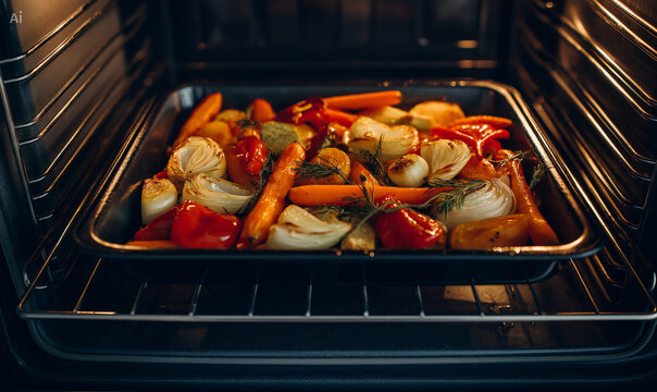 Roasted vegetables with carrots, onions and peppers on oven tray
