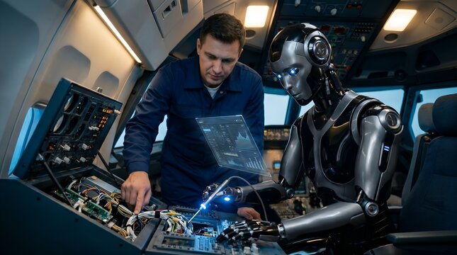 Future Aviation: Human Pilot and Advanced Humanoid Robot Performing Cockpit Avionics System Diagnostics