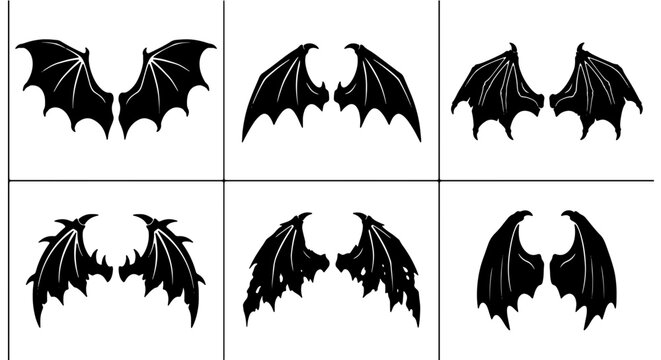 Premium Black Bat Wings Vector Icons Set, Gothic Fantasy Creature Appendages, Devil Angel Silhouette Elements, Spooky Halloween Graphic Assets