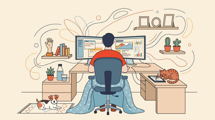 Obraz na płótnie Canvas Working from home with pets nearby has become the new normal for remote professionals managing multiple tasks across dual computer screens daily