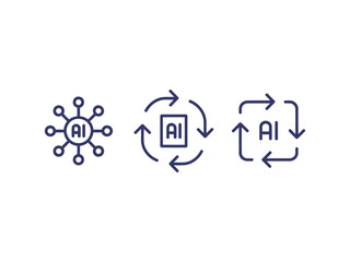 Obraz premium Artificial intelligence icon set featuring machine learning symbols neural network patterns and data processing cycle illustrations.