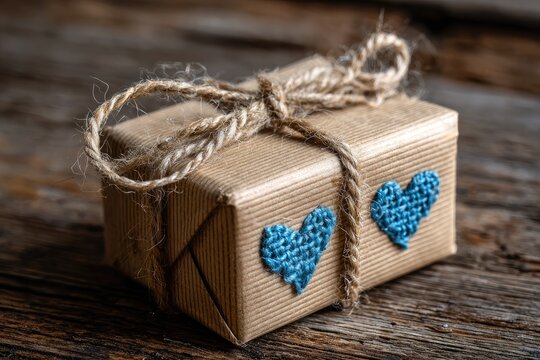 Small brown paper-wrapped gift box tied with twine and adorned with blue heart decorations