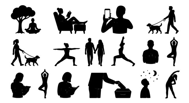 Premium Silhouette Icons: Yoga, Reading, Dog Walking, Voting, Meditation, and Daily Life Activities, Vector Set for Lifestyle and Wellness Graphics