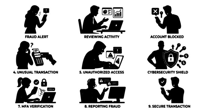 Premium Cybersecurity Icons Set: Fraud Alert, Account Blocked, Secure Transaction, and Digital Security Concepts for Business and Technology