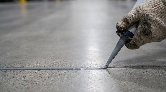 A gloved hand applies a dark substance to a crack in a polished concrete floor.