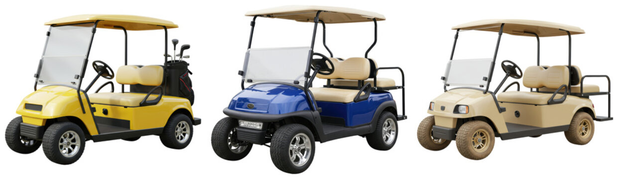 Three golf carts in different colors: yellow, blue, and beige, isolated on a white background.