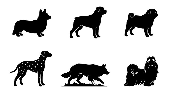 Premium Diverse Dog Breed Silhouettes Collection, Vector Icons Set: Corgi, Rottweiler, Pug, Dalmatian, Wolfdog, Shih Tzu, Pet Graphics