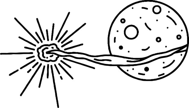 Cosmic moon and comet collision celestial event line art