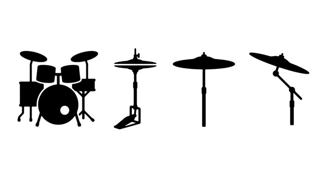 Drum Kit Silhouette Vector, Percussion Set Icon, Musical Instrument Graphics, Rock Band Equipment Elements