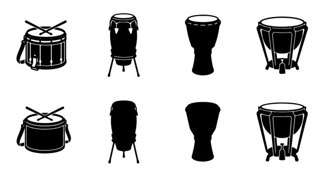 Diverse Drum Collection Vector Icons, Percussion Instruments Set, Musical Equipment Graphics, Rhythm and Beat Symbols