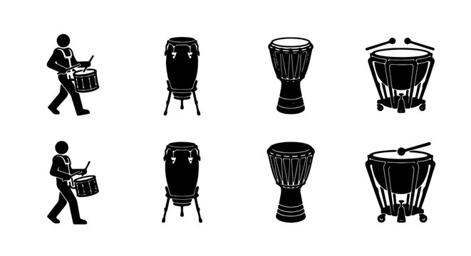 Drum Set Icons, Percussion Instruments Collection, Musical Performance Graphics, Marching Band Drummer Vector Art