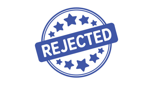 Rejected blue rubber stamp with grunge texture, stars, and a circular frame, isolated on a transparent checkered background.