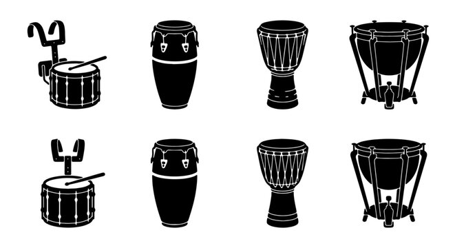 Set of 8 Black Silhouette Vector Icons: Snare Drum, Conga Drum, Djembe Drum, Timpani Drum, Musical Instruments, Percussion, Rhythm, Audio Equipment