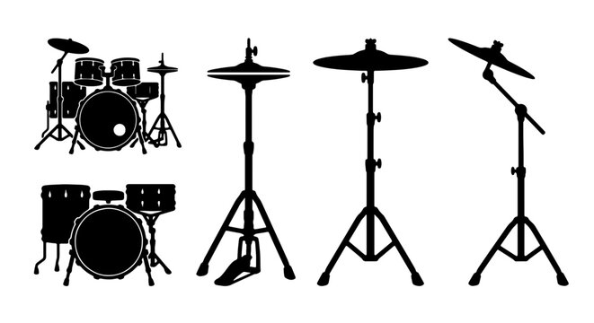 Drum Kit Silhouettes, Percussion Instruments Vector Set, Musical Equipment Graphics, Rock Band Gear Icons