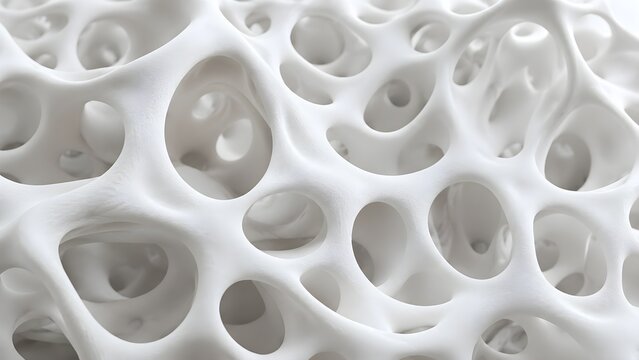 Abstract 3D render of porous bone structure, showcasing intricate interconnected network of trabeculae