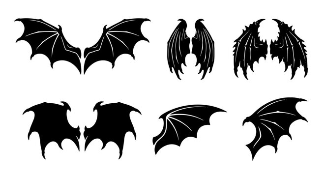 Gothic Bat Wings Vector Set, Dark Fantasy Angel Wings Collection, Spooky Halloween Devil Wings Graphics, Mythical Creature Emblems, Silhouette Wing Designs