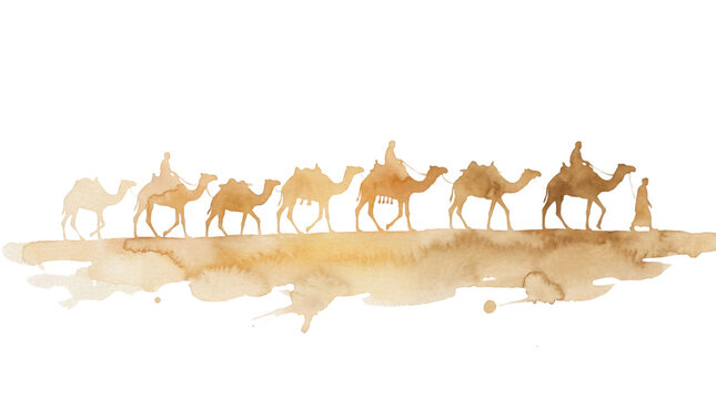 Camel Caravan Silhouette on Transparent Background, Isolated Watercolor Illustration of Dromedaries and People Walking Across Desert Terrain