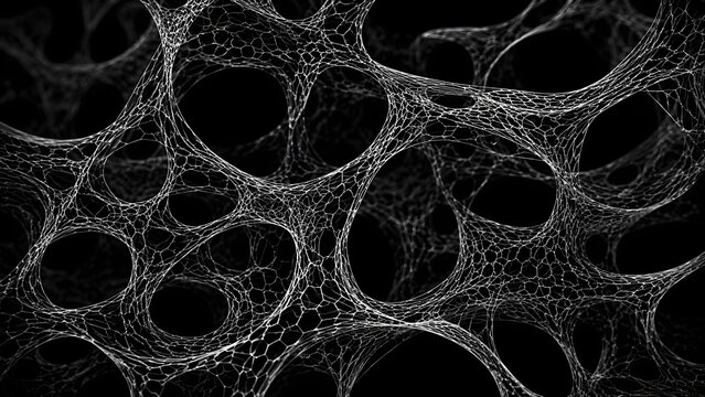 Abstract intricate white web pattern on a black background, resembling complex neural pathways or interconnected biological structures, highlighting density and network complexity