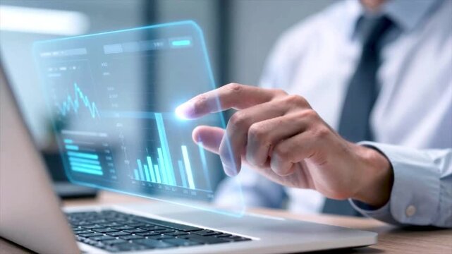 Business man working on laptop a futuristic touchscreen interface, monitoring and controlling an innovative trading process in a high tech factory setting