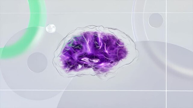 Abstract background with blue bubbles Flying inside Artificial Intelligence Digital Brain bid Data. Illustration of thinking process. Future technology animation, AI deep learning computer machine. 3d