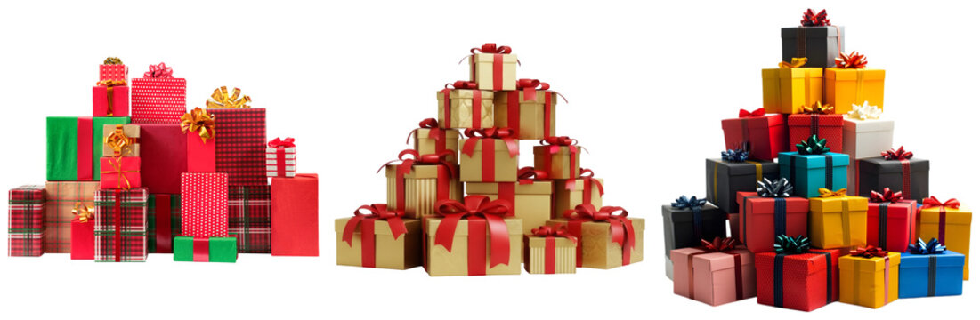 Collection of gift boxes with red ribbons, isolated on transparent background