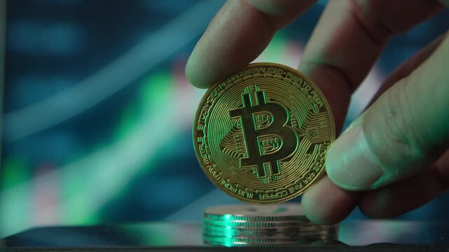 A hand holding a gold Bitcoin coin against a cryptocurrency trading chart, representing digital finance, market trends, and virtual currency investment.