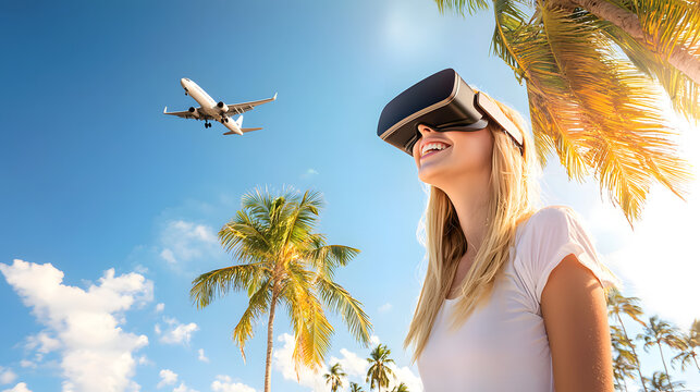 A woman wearing virtual reality goggles on a tropical beach, against the backdrop of an airplane flying in the sunny sky&mdash;a futuristic concept of leisure and technology