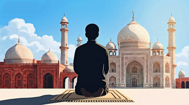 Muslim Man Silhouette Praying Before White Marble Mosque Complex Clear Blue Sky Daytime
