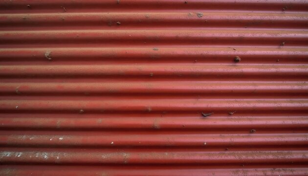 Red corrugated metal panel shows dust, slight wear. This texture features horizontal ridges, rustic, industrial feel. Ideal for backgrounds, graphic design elements, suggesting age, utility.