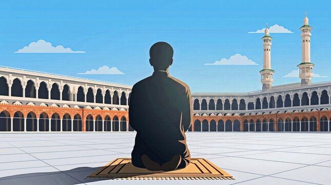 Muslim Man Silhouette Praying in Grand Mosque Courtyard Tall Minaret Blue Sky Daytime
