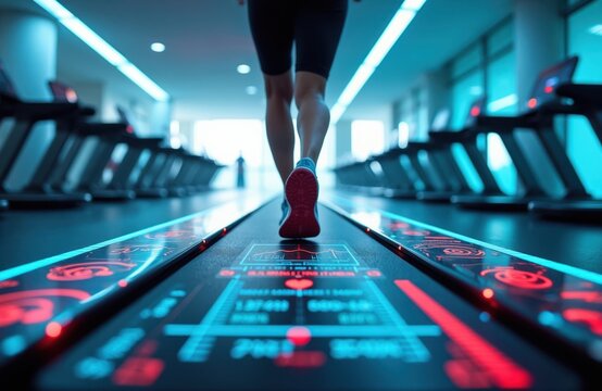Person walks on treadmill with futuristic interface displaying health data. Modern gym offers advanced cardio training and tech integration for fitness tracking.
