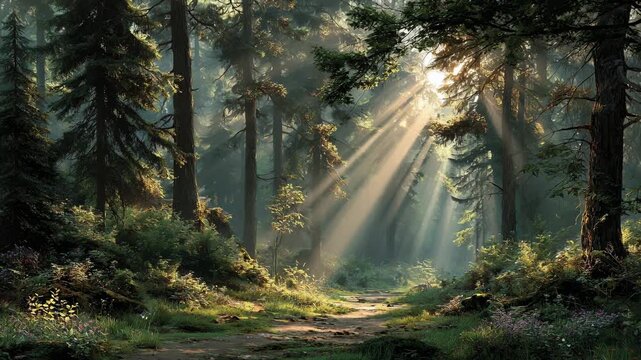 Forest sunlight sunbeam woodland path morning mist pine tranquil trail with soft sunbeams through misty pine woodland nature peaceful morning