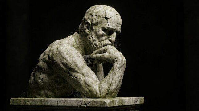 Classical Stone Statue of a Thinking Man in Dark Background