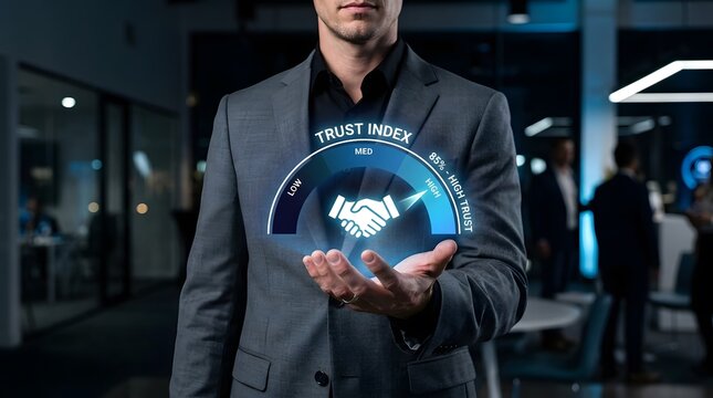 Businessman presenting a trust index with handshake icon in modern office