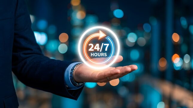 Man holding a glowing 24 7 hours circular icon over a blurred city skyline at night representing constant service