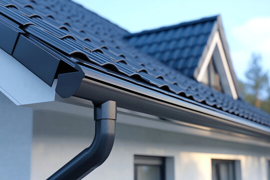 Close-up of a seamless aluminum gutter fixed along a modern roof edge. Home drainage and exterior construction concept.