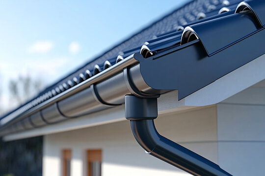 A roof gutter and downspout protect a modern home from rainwater damage. Roofing maintenance, drainage control, and property protection define the residential exterior concept.