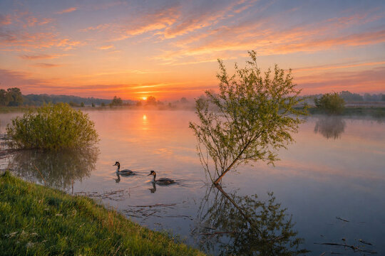A serene sunset reflects over a misty lake where two ducks swim near a leaning tree and lush green banks.