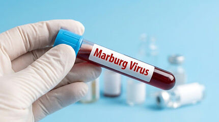 Obraz premium Medical professional holding a blood sample test tube with Marburg Virus label for diagnostic testing in a laboratory.