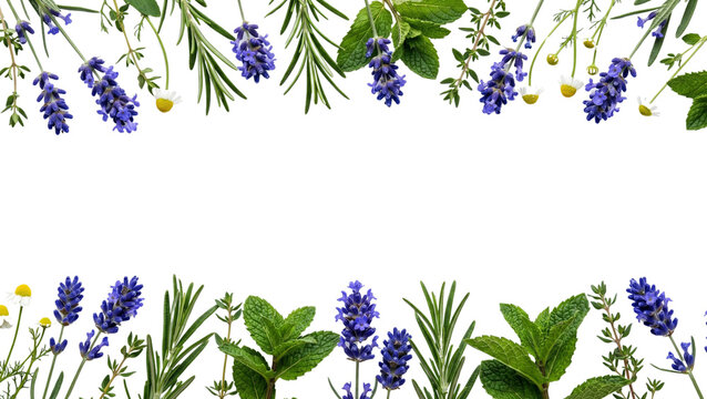 Lavender chamomile and mint sprigs arrangement on transparent background