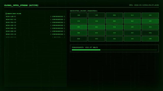 Global Intel Stream Digital Interface with Green HUD Encrypted Packet Transfers and Remote Node Uplink Status.