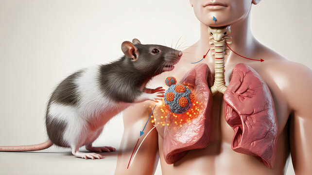 Rat climbing human skeleton illustration